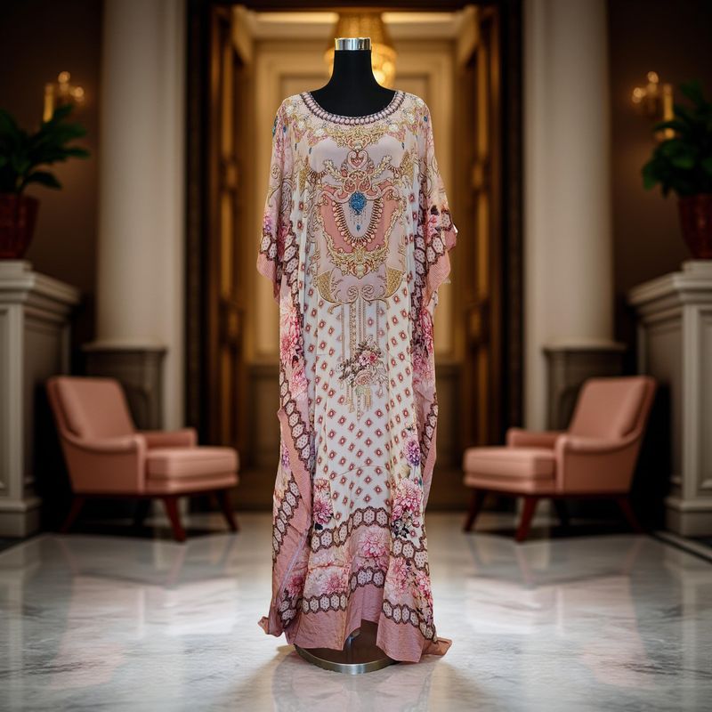 L-XL Digital Dress Kaftan Printed Silky Hand Embroidery  60&quot; Long Jalabiya