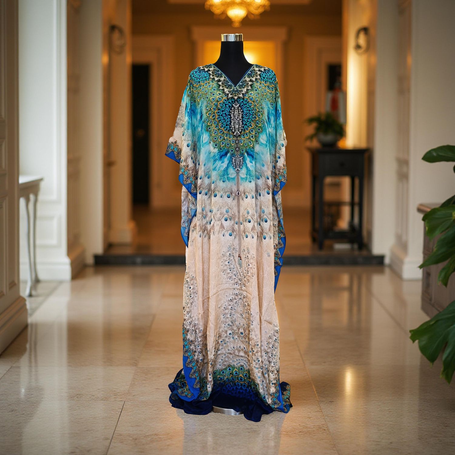 L-XL Digital Dress Kaftan Printed Silky Hand Embroidery  60&quot; Long Jalabiya