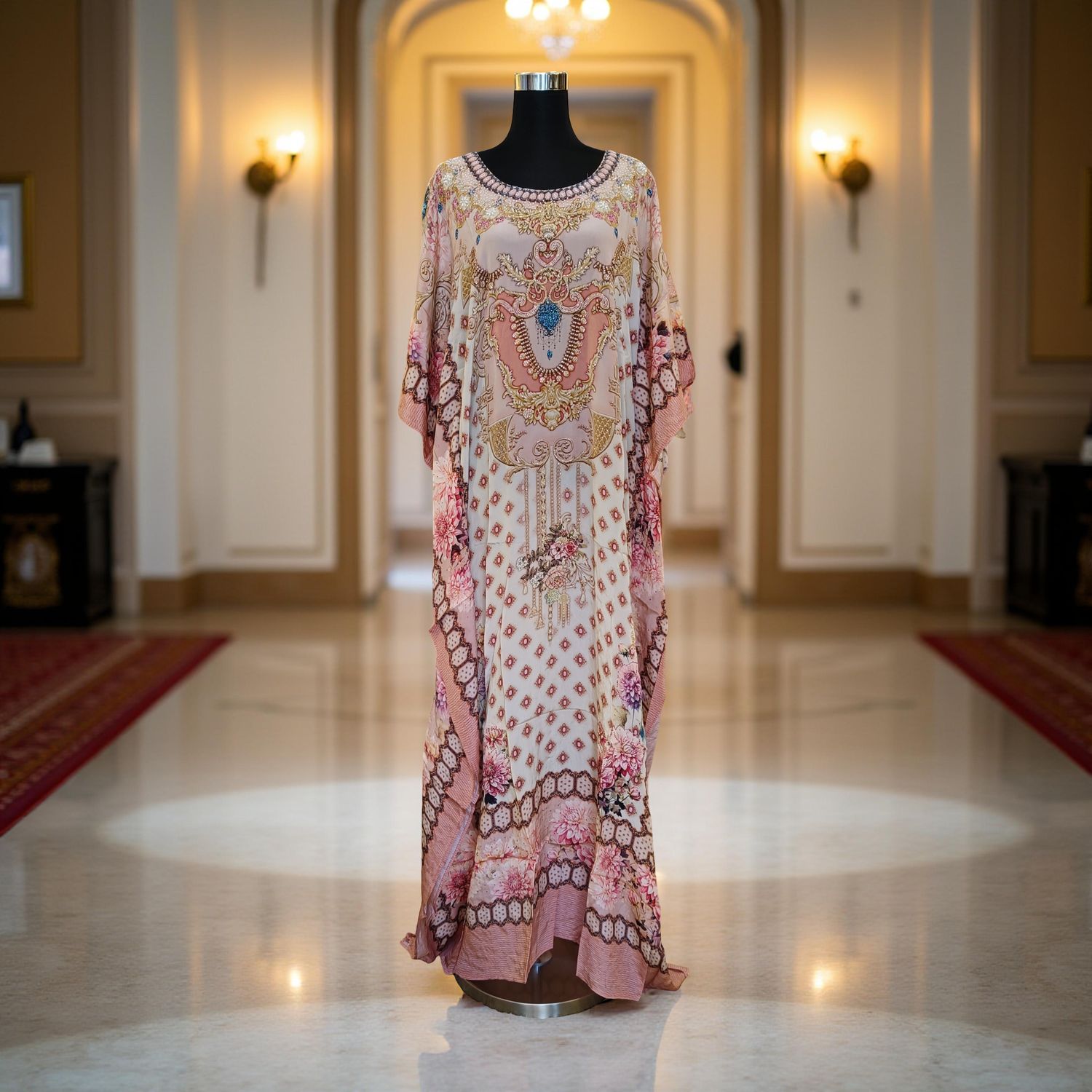 S-M Digital Dress Kaftan Printed Silky Hand Embroidery  60&quot; Long Jalabiya