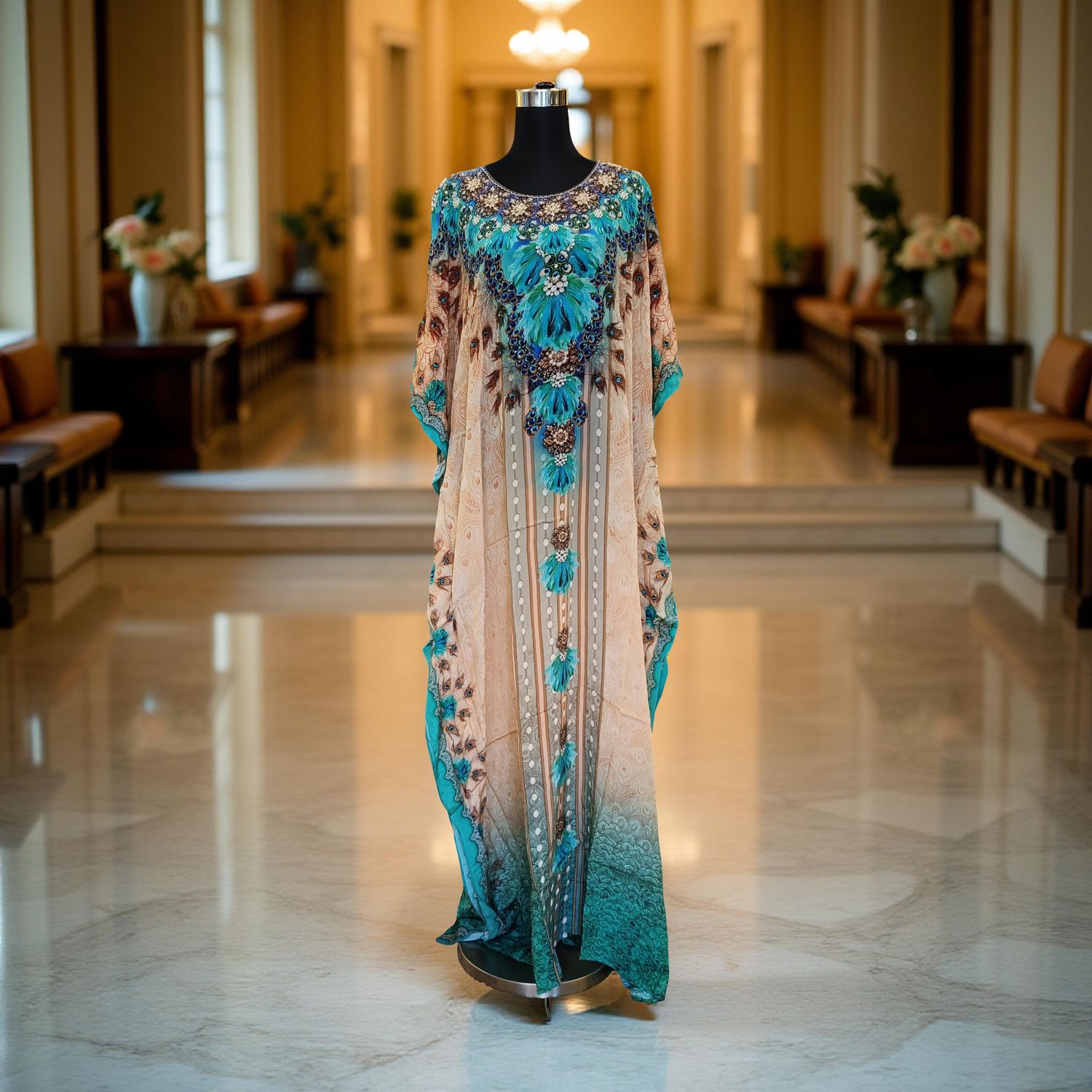 XXL Digital Dress Kaftan Printed Silky Hand Embroidery  60&quot; Long Jalabiya