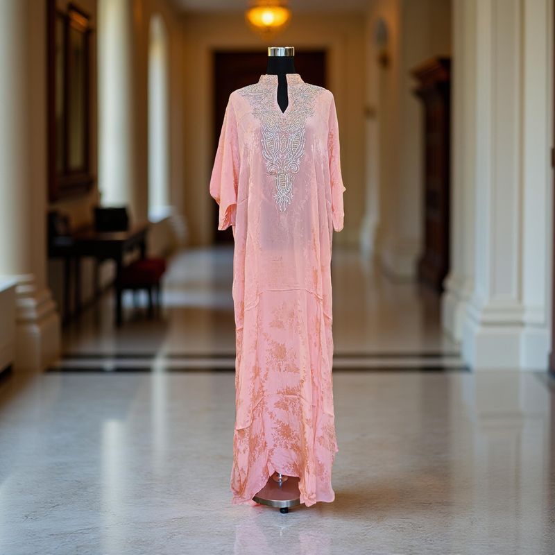 Free Size Silky Farasha Crystal work Kaftan 60&quot; Long Jalabiya