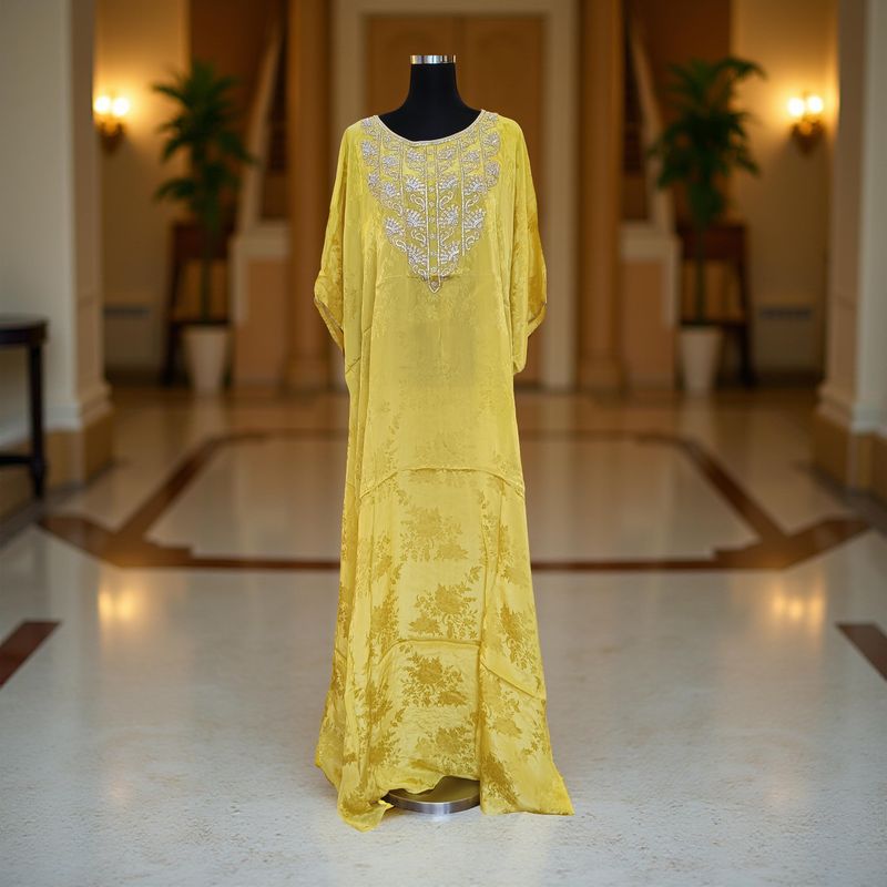 Free Size Silky Farasha Crystal work Kaftan 60&quot; Long Jalabiya