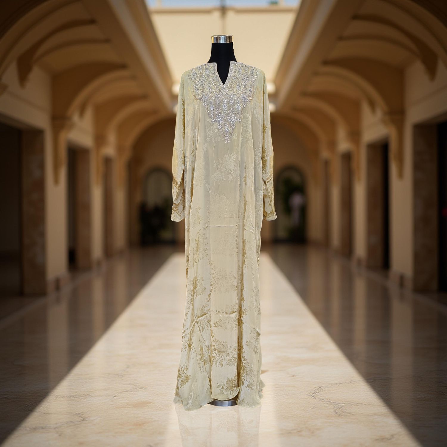 Free Size Silky Farasha Crystal work Kaftan 60&quot; Long Jalabiya