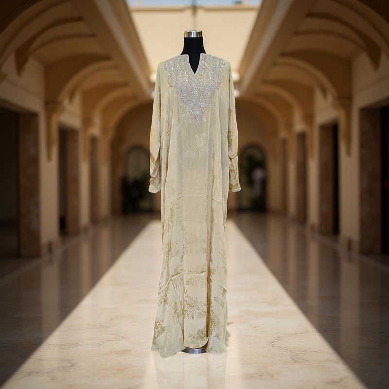 Free Size Silky Farasha Crystal work Kaftan 60&quot; Long Jalabiya