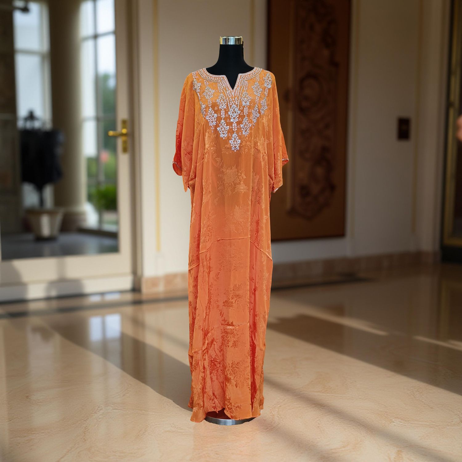 Free Size Silky Farasha Crystal work Kaftan 60&quot; Long Jalabiya