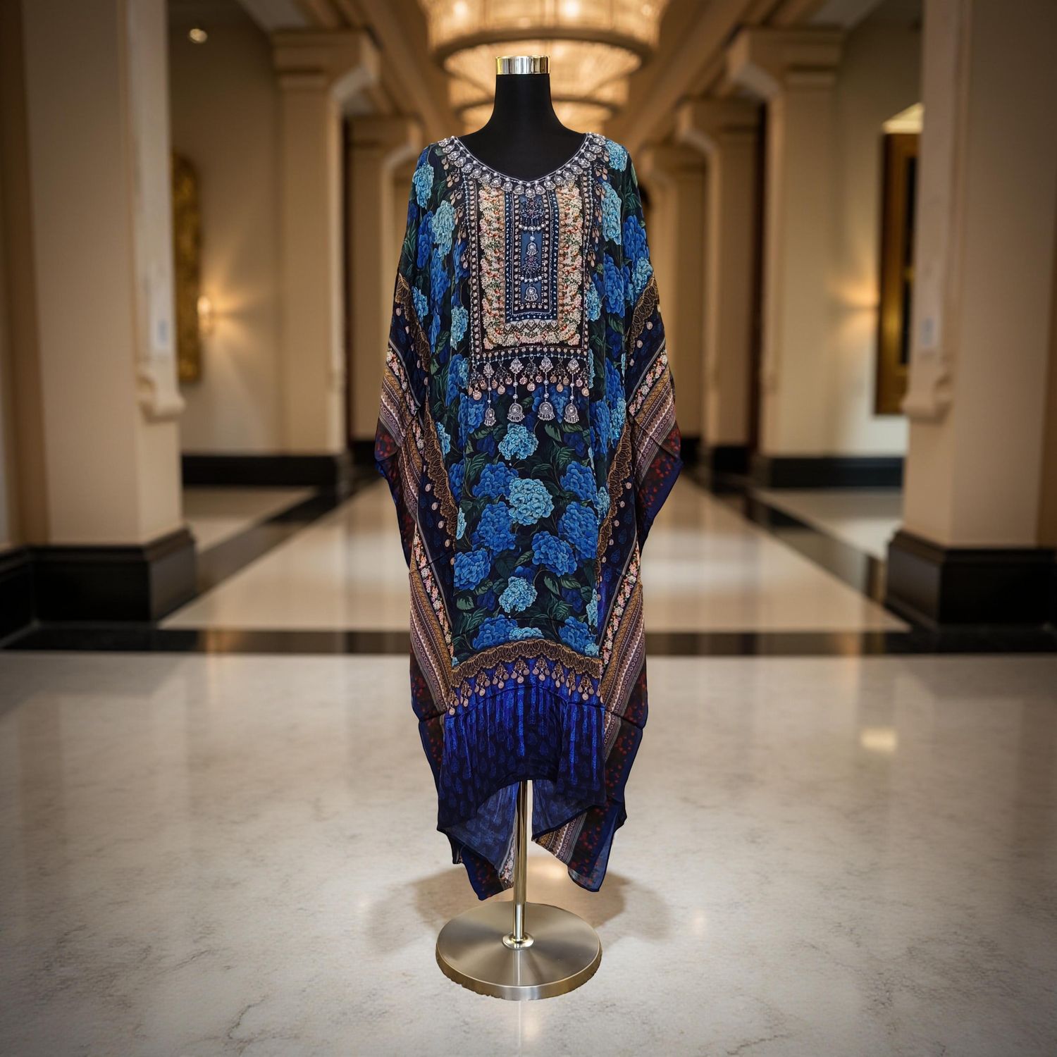 L-XL Digital Dress Kaftan Short Printed Silky Hand Embroidery  47&quot; Short Jalabiya