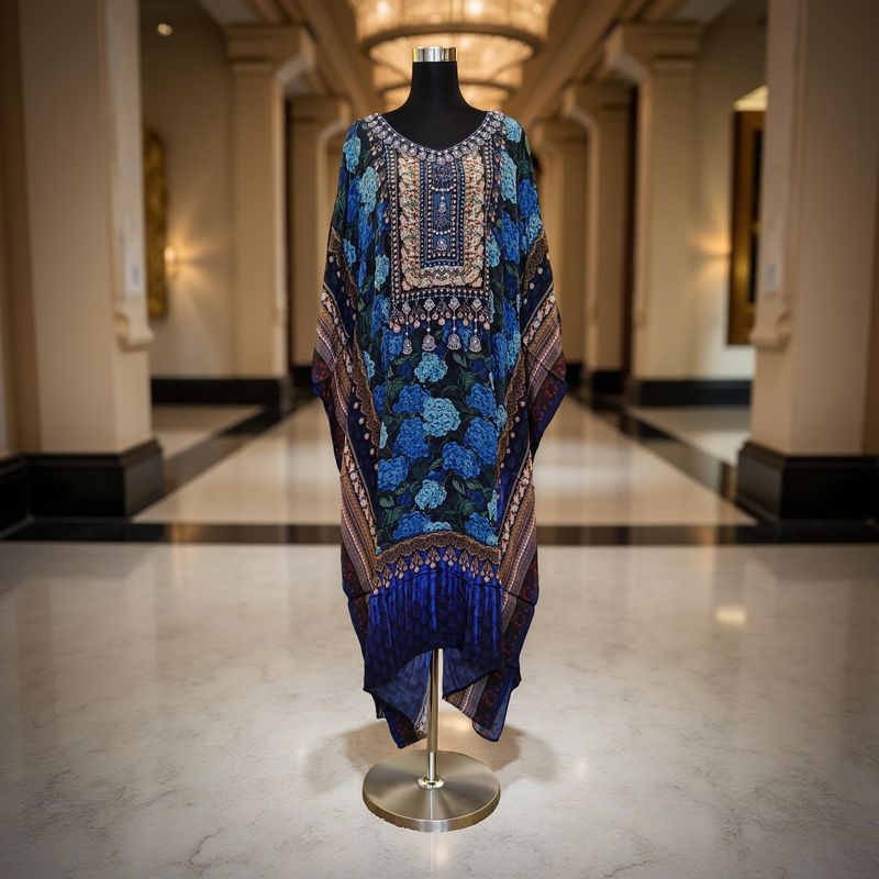 L-XL Digital Dress Kaftan Short Printed Silky Hand Embroidery  47&quot; Short Jalabiya