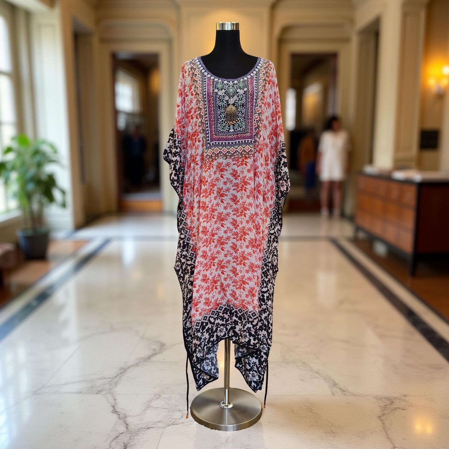 2XL-3XL Digital Dress Kaftan Short Printed Silky Hand Embroidery  47&quot; Short Jalabiya