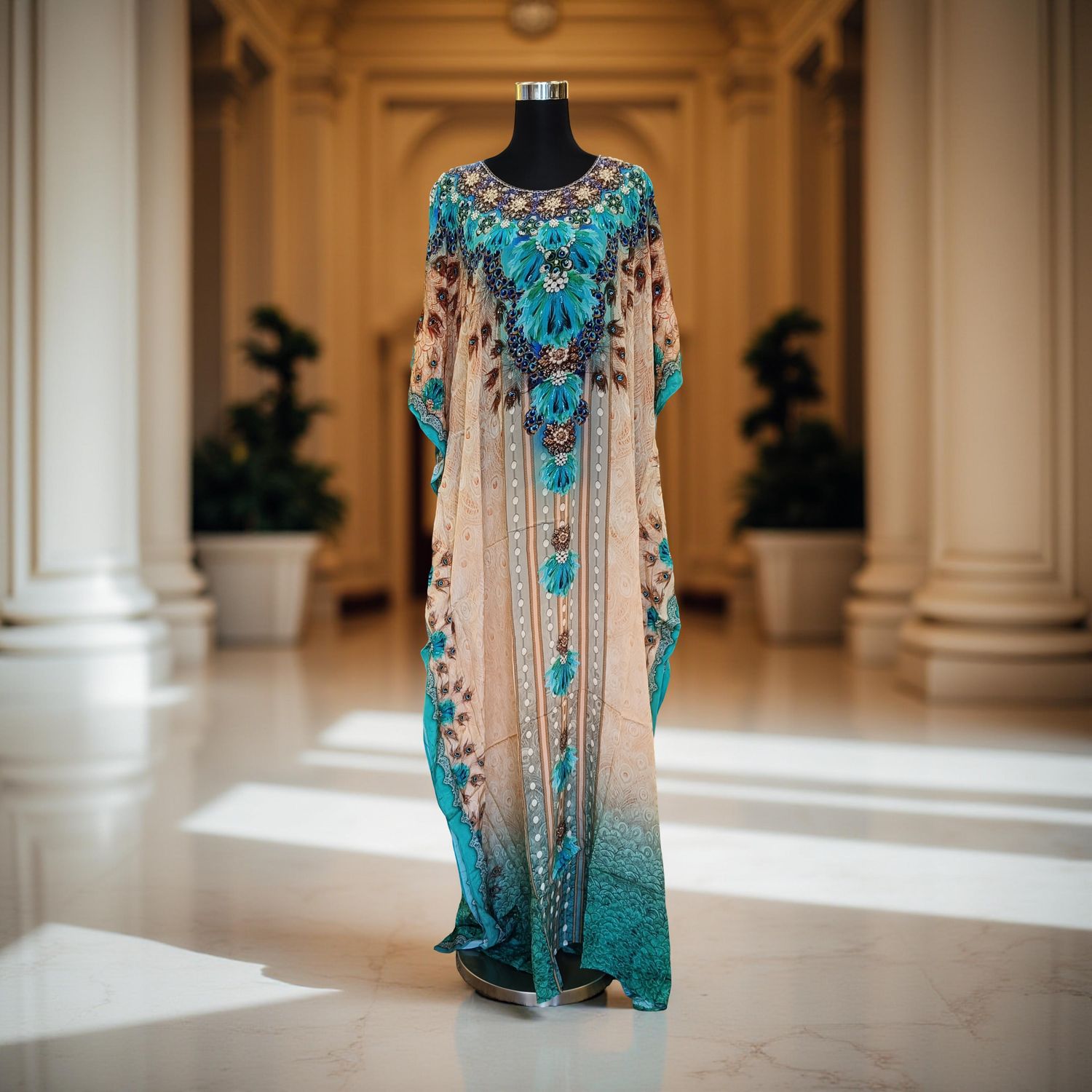 S-M Digital Dress Kaftan Printed Silky Hand Embroidery  60&quot; Long Jalabiya