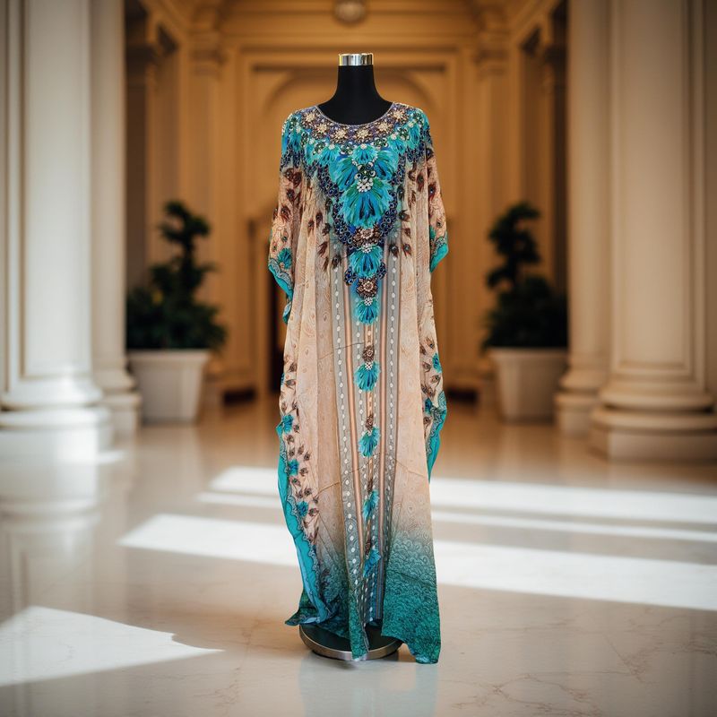 S-M Digital Dress Kaftan Printed Silky Hand Embroidery  60&quot; Long Jalabiya