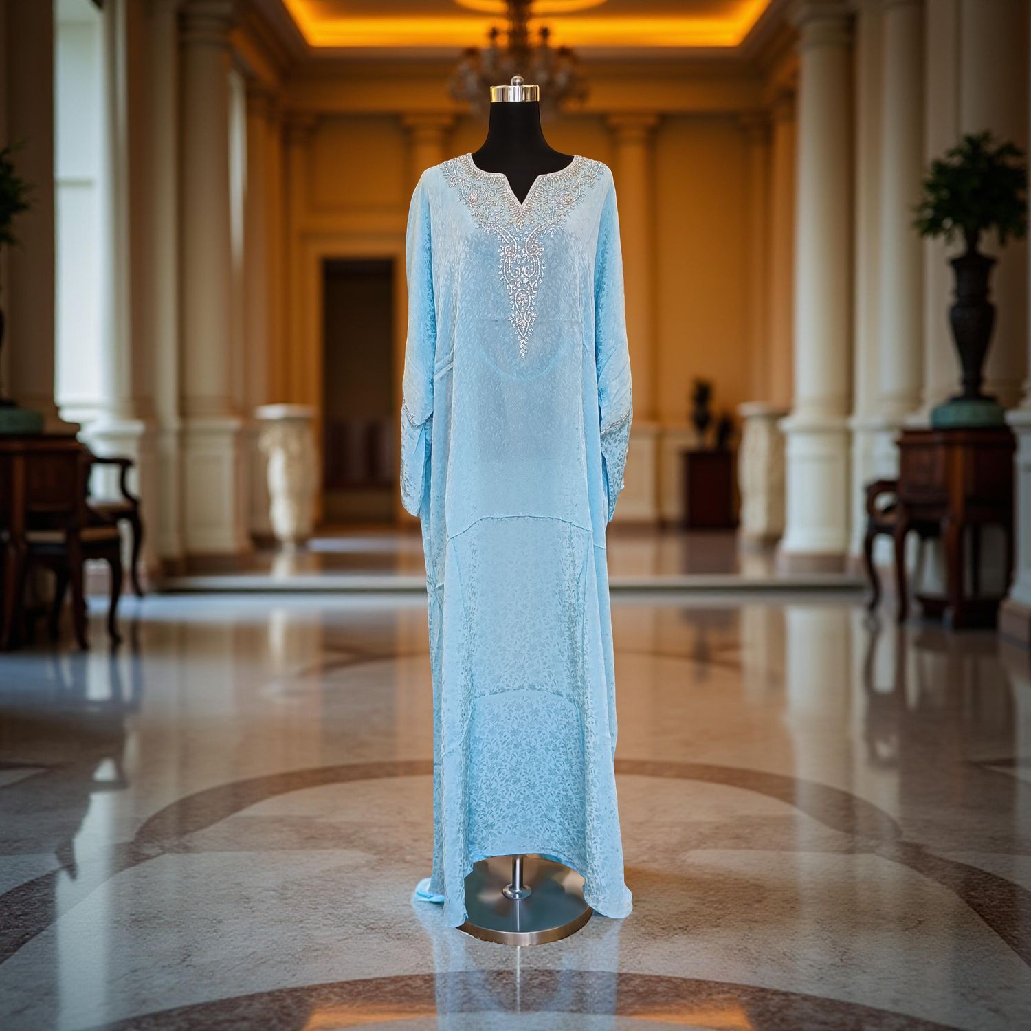 Free Size Silky Farasha Crystal work Kaftan 60&quot; Long Jalabiya