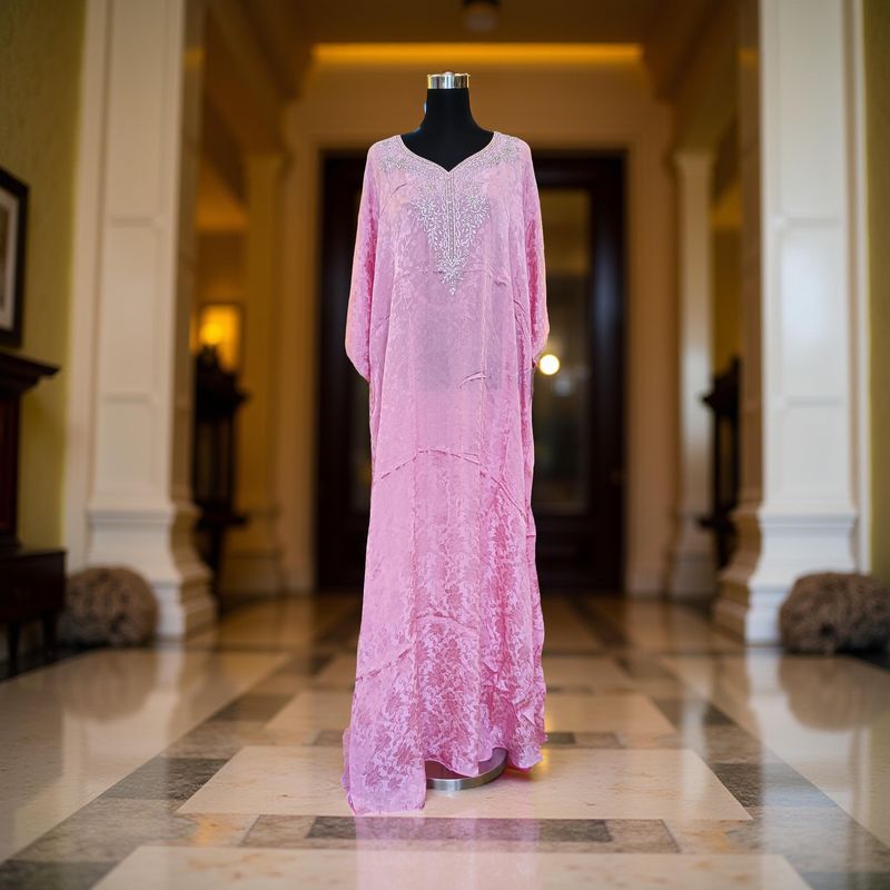 Free Size Silky Farasha Crystal work Kaftan 60&quot; Long Jalabiya