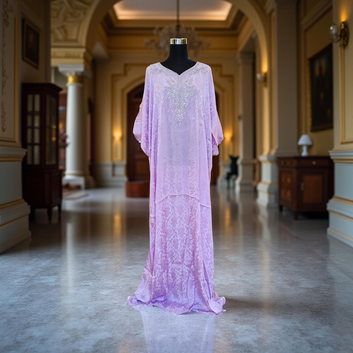 Free Size Silky Farasha Crystal work Kaftan 60&quot; Long Jalabiya