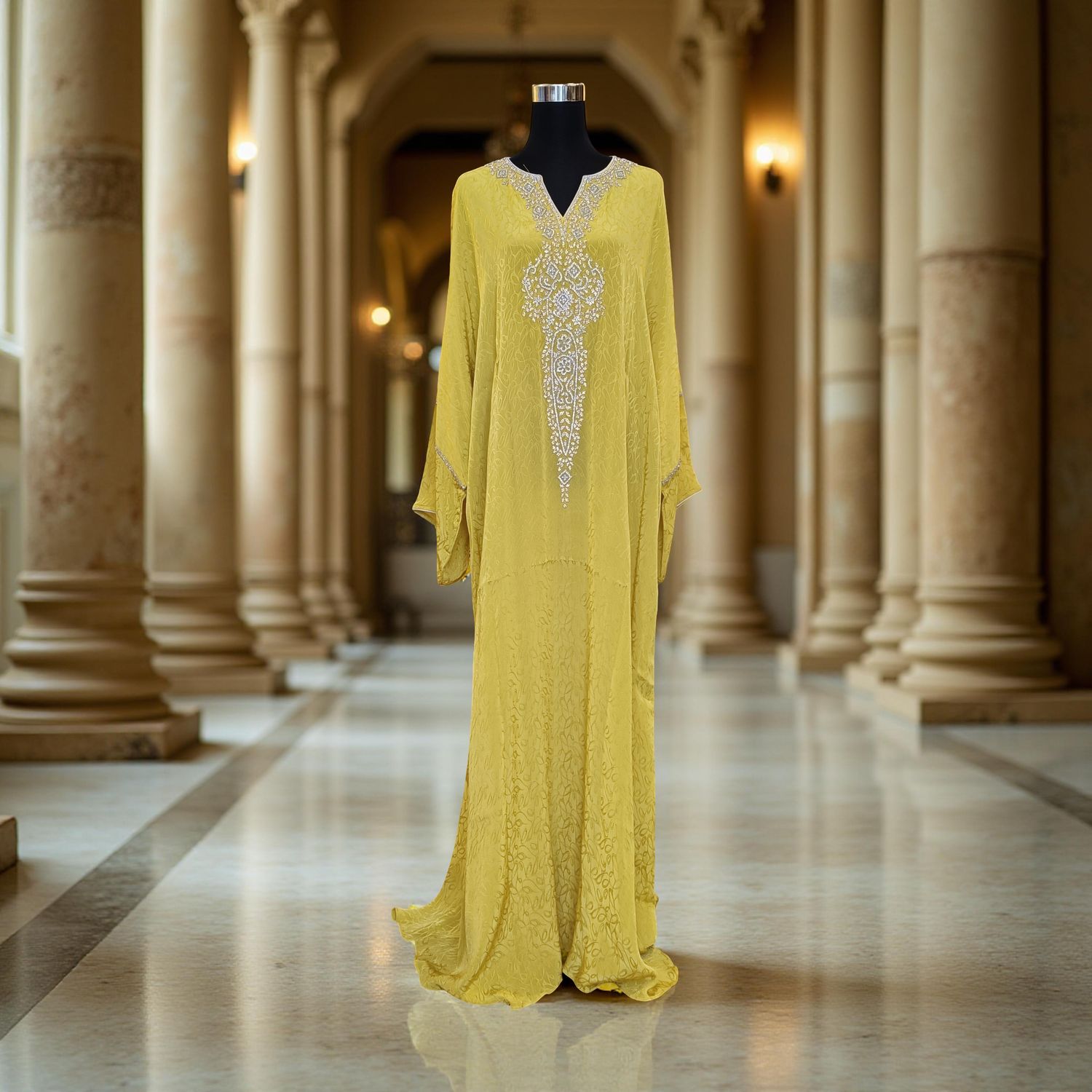 Free Size Silky Farasha Crystal work Kaftan 60&quot; Long Jalabiya