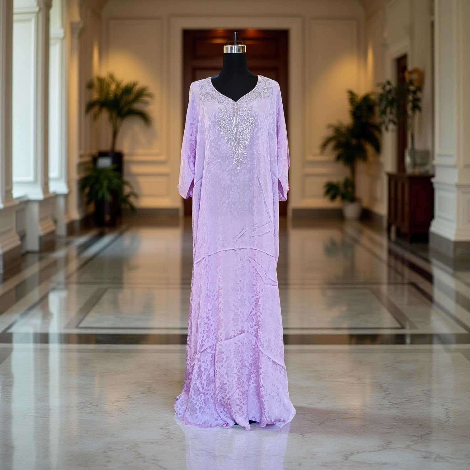 Free Size Silky Farasha Crystal work Kaftan 60&quot; Long Jalabiya