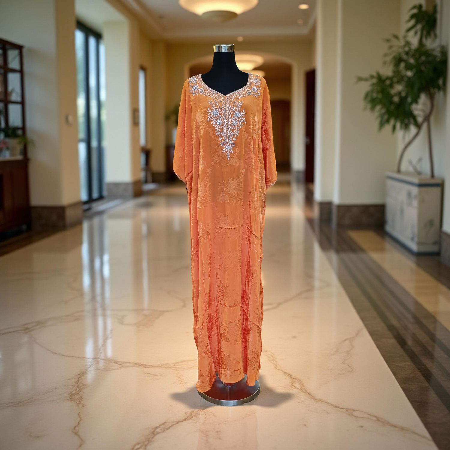 Free Size Silky Farasha Crystal work Kaftan 60&quot; Long Jalabiya