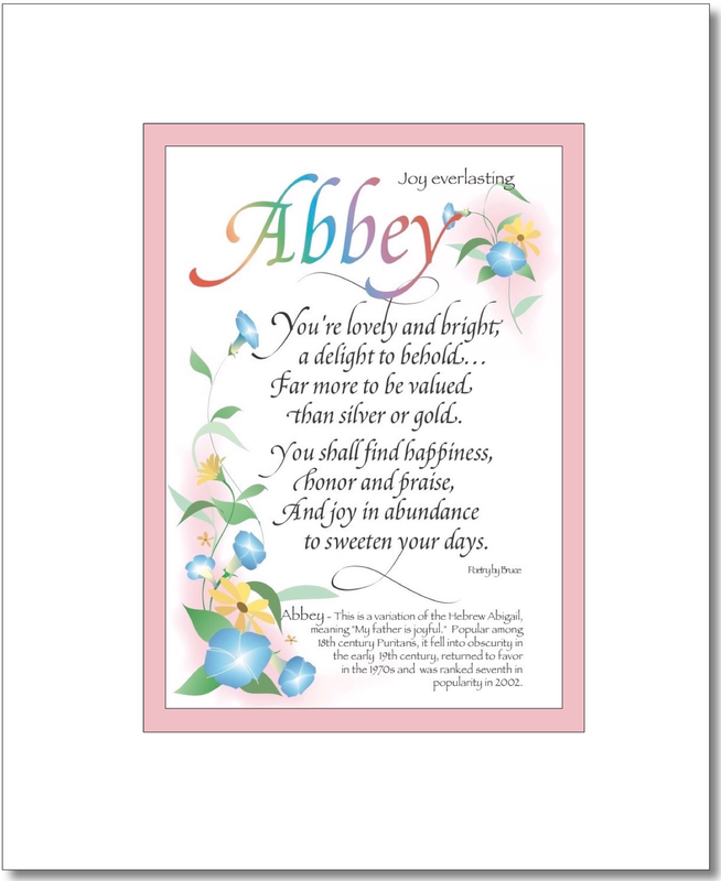 Abbey - Abygail Choices: Abbey, Abbi, Abbie, Abbigail, Abby, Abigail, Abigale, Abigayle, Abygail