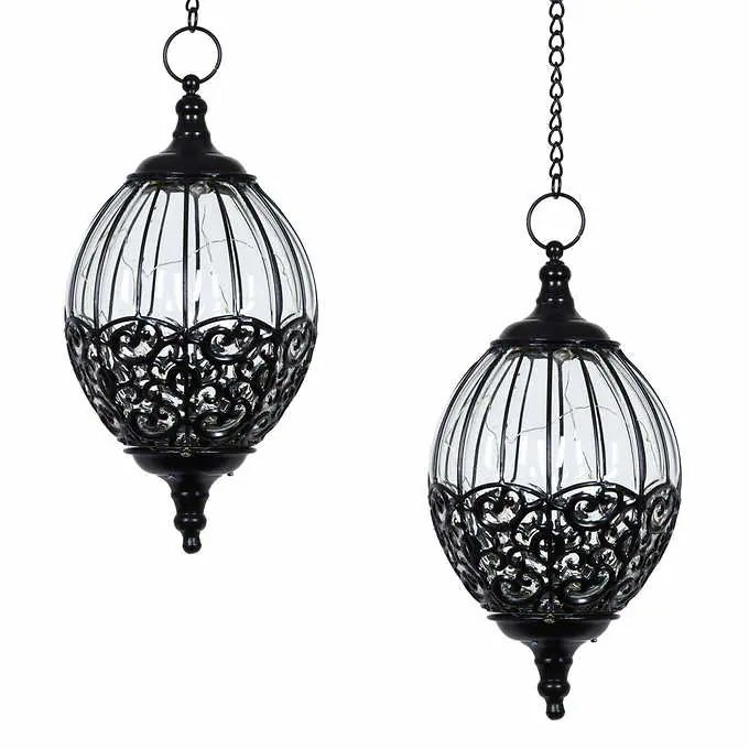 Set of 2 Solar Black Metal &amp; Glass Hanging Lanterns w/LED Firefly Lights