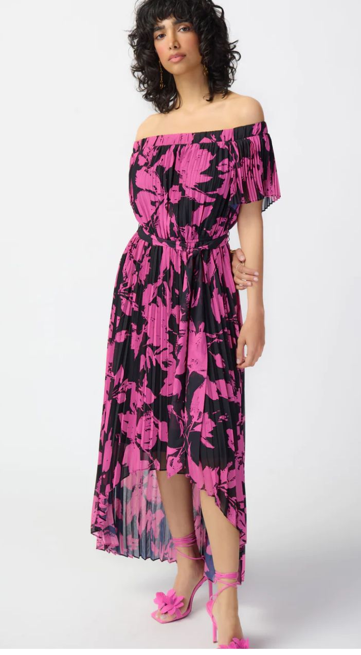 Pink floral print pleated high-low dress