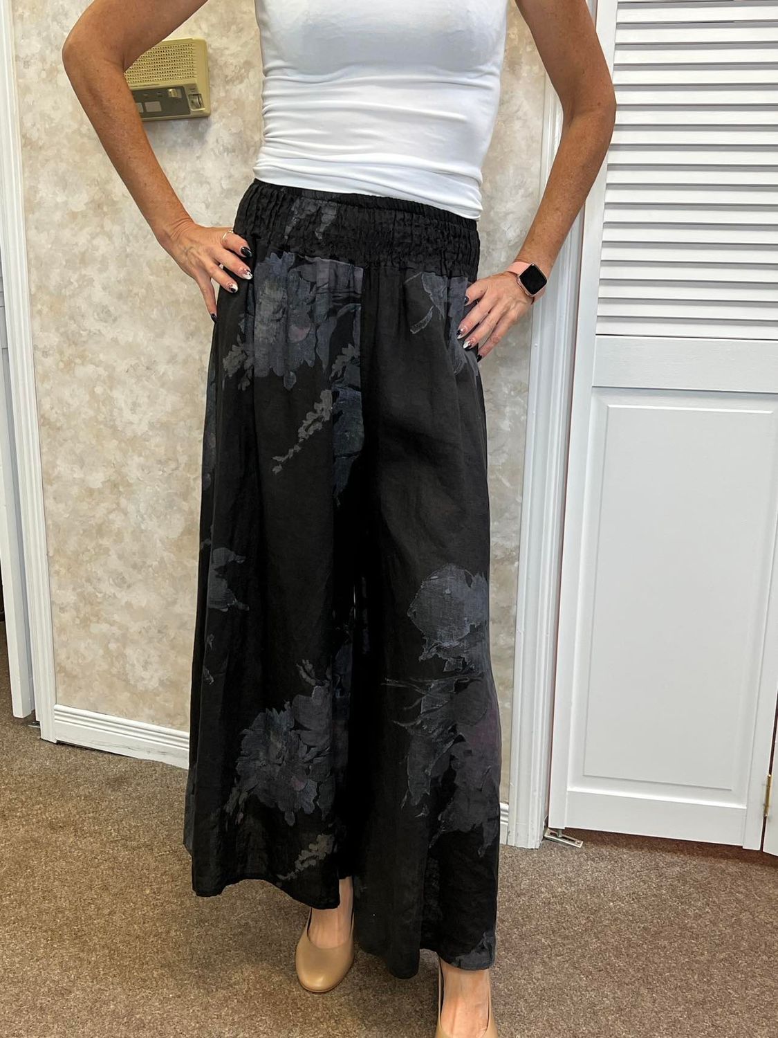 Linen floral wide leg pant , Color: Black, Size: S/M