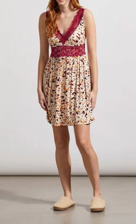 Lace trim print night gown