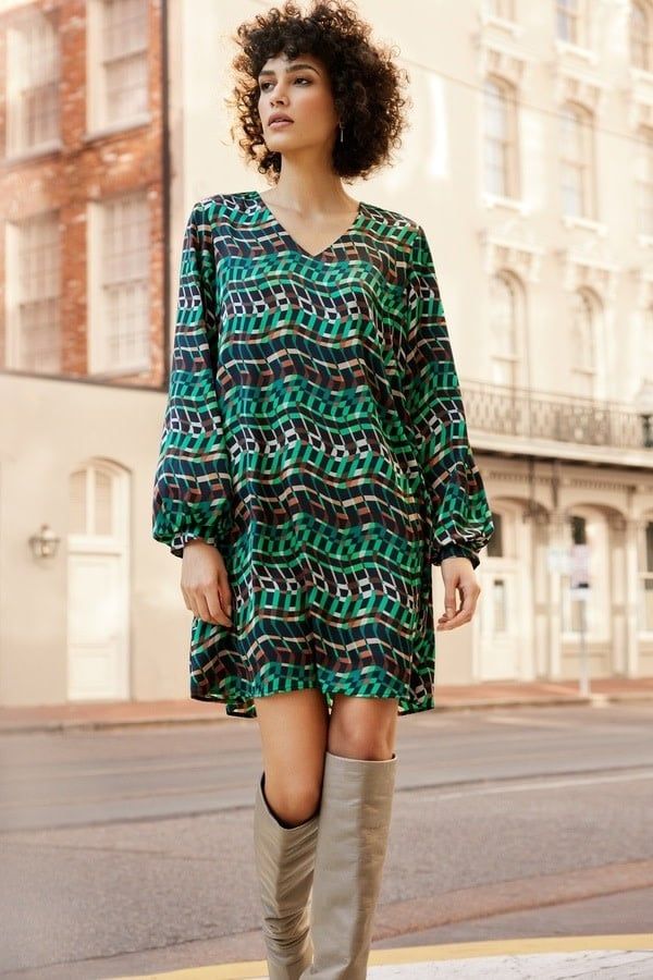 Geo print puff sleeve dress