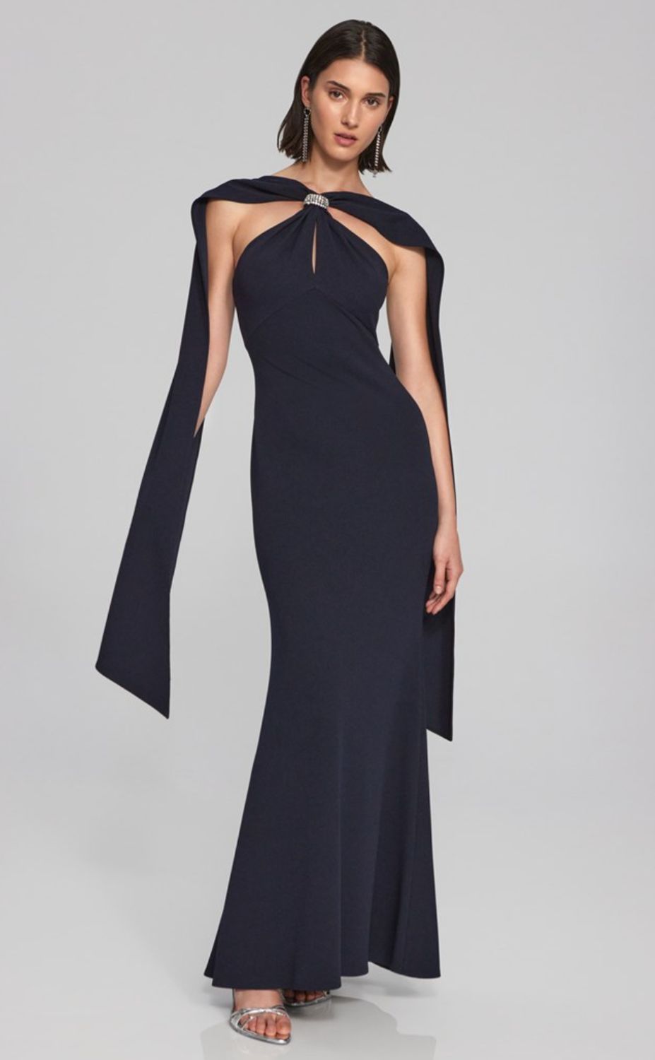 Midnight blue trumpet gown with rhinestone detail