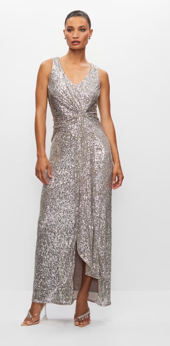 Silver/ latte knot detail all over sequin dress