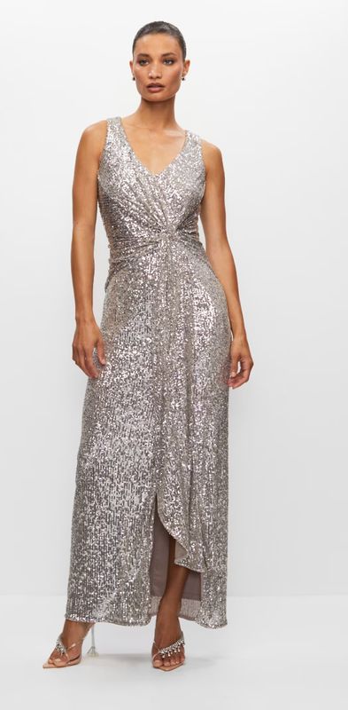 Silver/ latte knot detail all over sequin dress