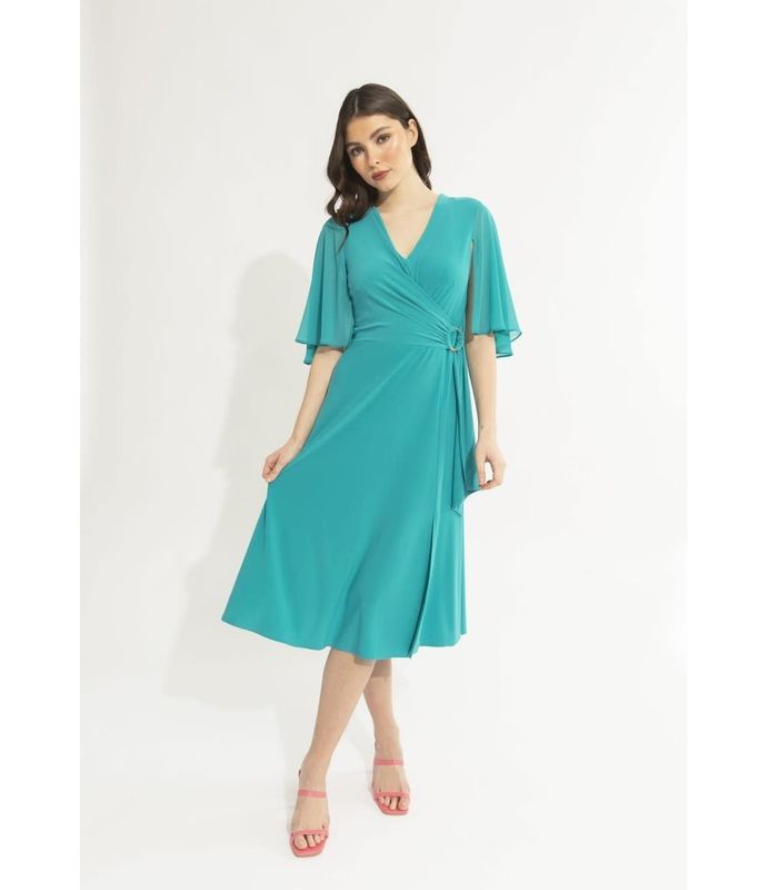 Cape sleeve fit and flare wrap dress