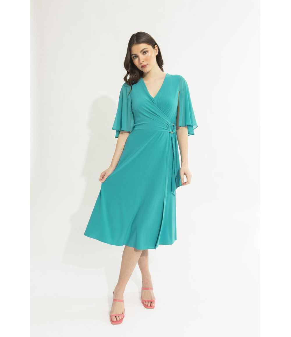 Cape sleeve fit and flare wrap dress, Color: Ocean Blue, Size: 8