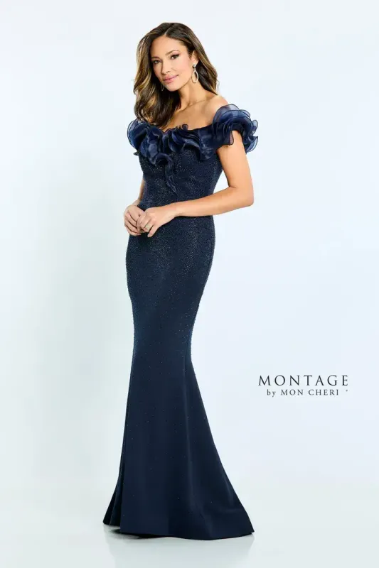 Fit and flare organza ruffled neckline 