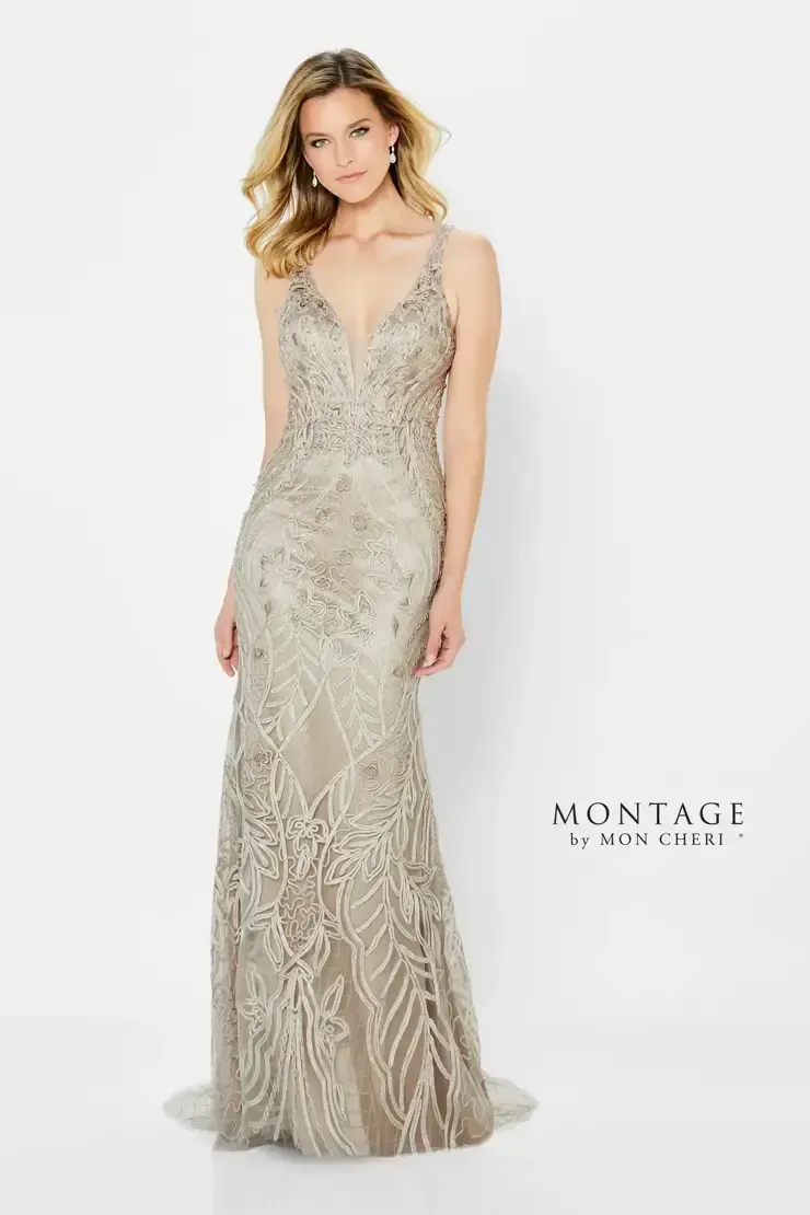 Embroidered metalic ribbon flare gown 