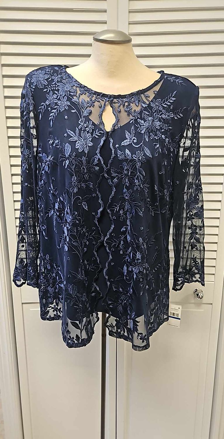 Embroidered mock twin set , Color: Dark Navy, Size: S