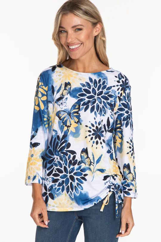 Bateau neck line with side drawstring detail
