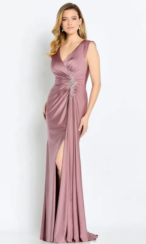 V-neck draped front gown