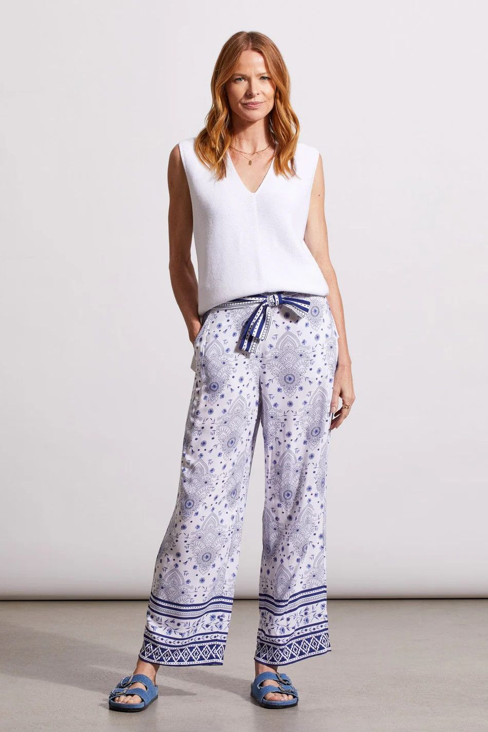 Printed flowy pant, Color: White/ blue, Size: S