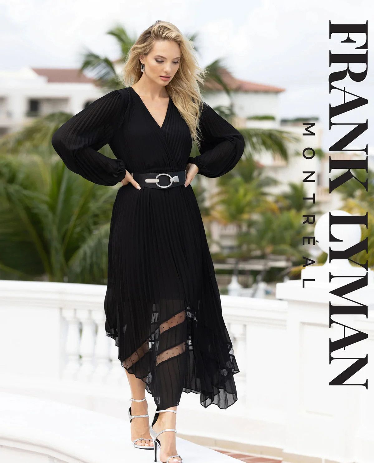 Pleated asymmetrical belted dress, Color: Black, Size: S