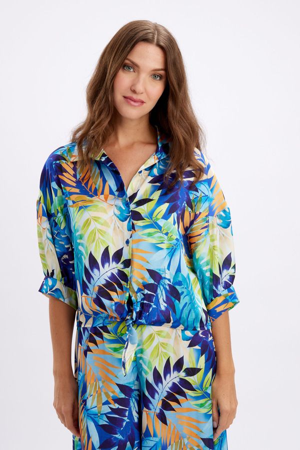 Tropical crop button blouse, Color: Royal/ Orange, Size: XS
