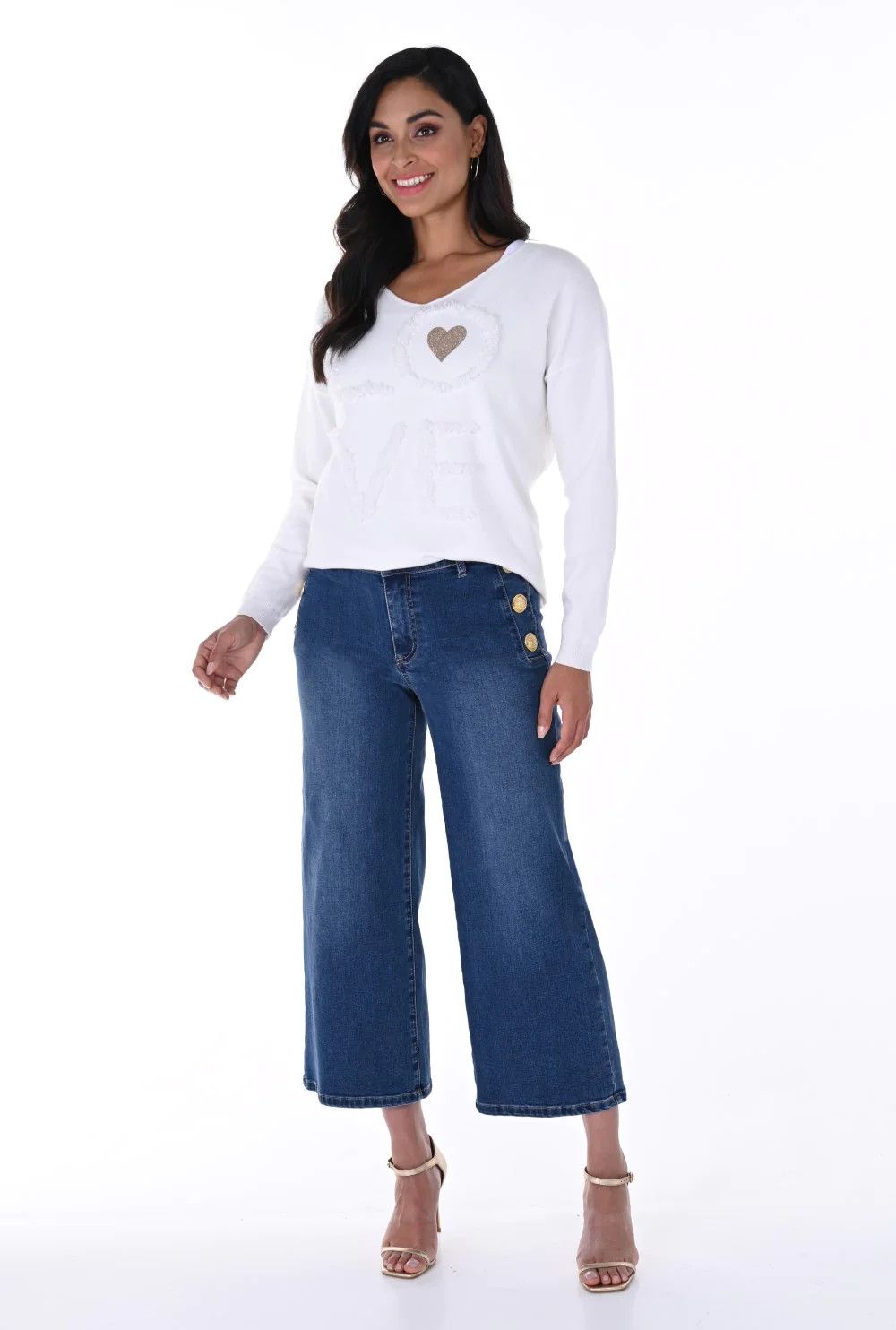 Wide leg boot cut jean , Color: Denim Blue, Size: S