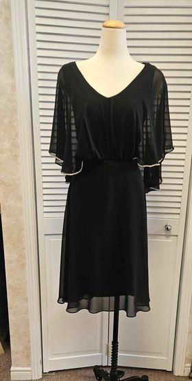 Chiffon caplet sleeve rhinestone trim dress, Color: Black, Size: 14