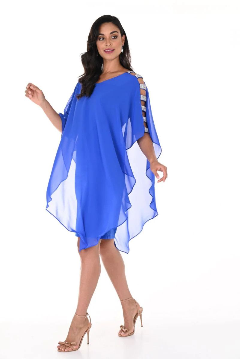 Cut-out shoulder chiffon dress, Color: Azure, Size: 10