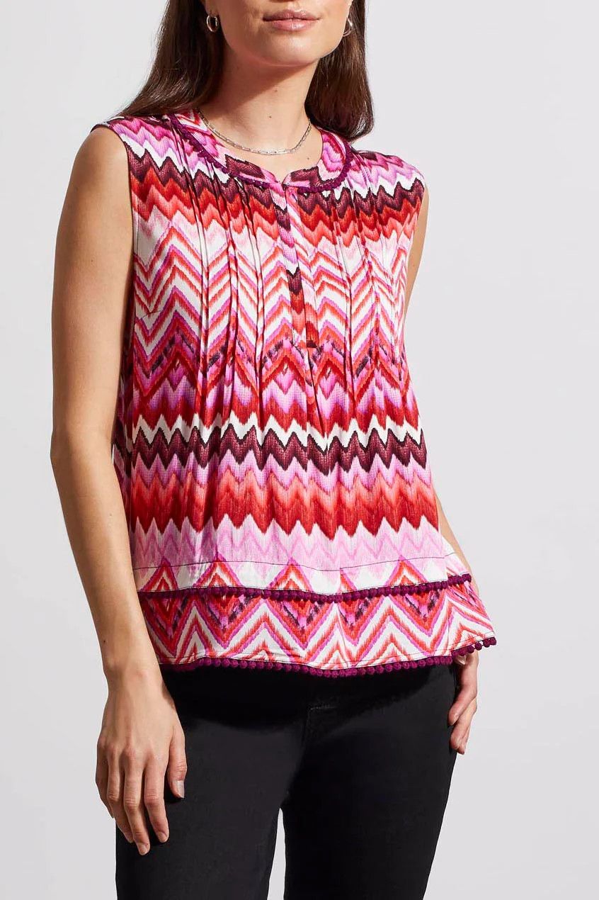 Print sleeveless top W/ pom pom hem , Color: Plum Mix, Size: S