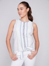 Button front tank W/ tie, Color: Denim Mix, Size: S