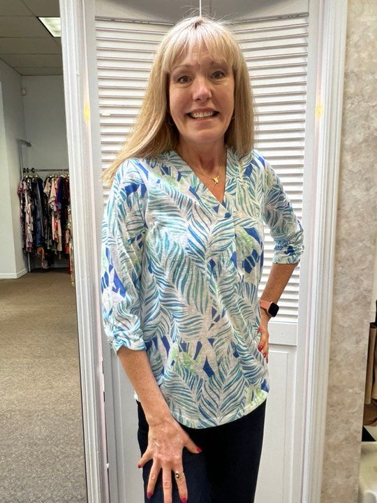 3/4 Sleeve leaf print top, Color: Lagoon, Size: M