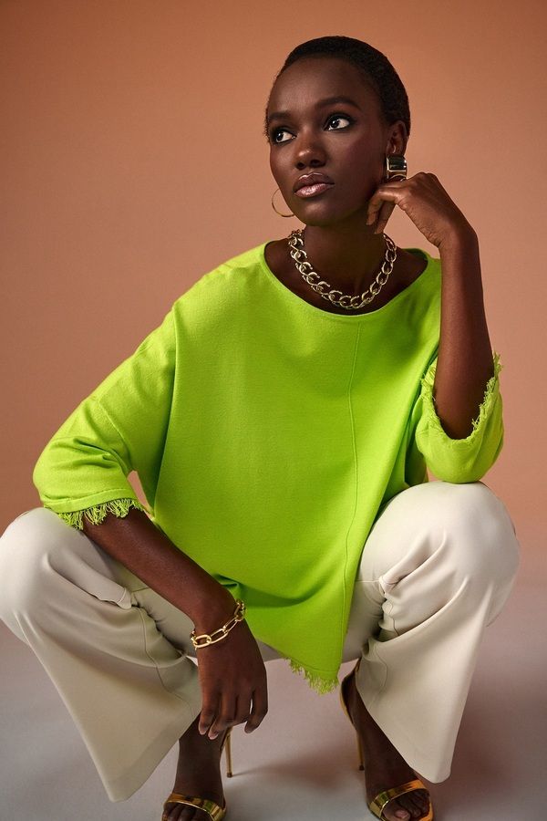 Frayed hem poncho top, Color: Key Lime, Size: XS/S
