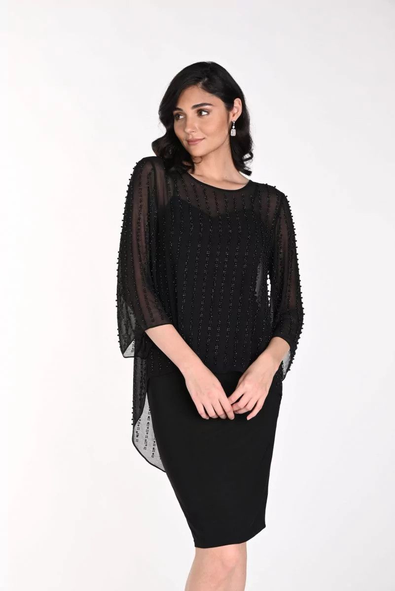 Pearl and rhinestone tunic cape top, Color: Black, Size: S