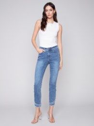 Double frayed hem jean , Color: Med Blue, Size: 6