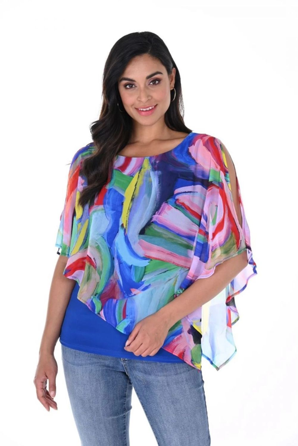 Chiffon print overlay top, Color: Royal/ Multi, Size: 10