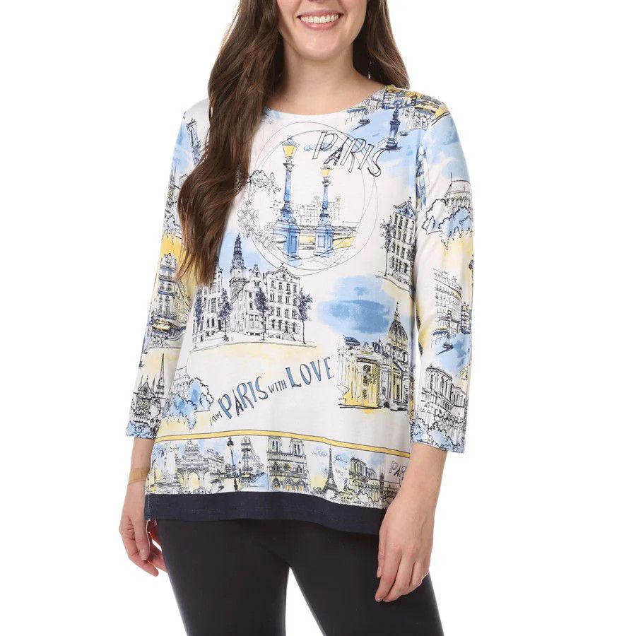Paris print top, Color: Blue mix, Size: S